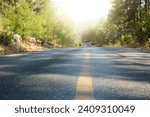 Road in countryside on a sunny day in summer. Straight road in wild forest. Summer outdoor travel landscape. Green roadside with tree and mountain. Vacation trip banner