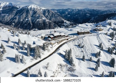 road Crocedomini Pass, Road Bagolino - Collio.
View by Drone in Winter Season after snow storm.