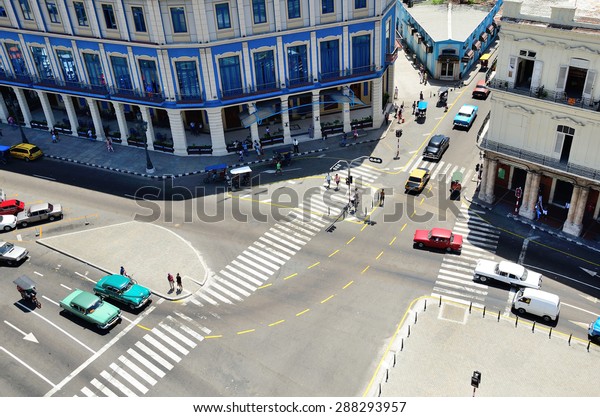 Road crossing in Central Park\
square near hotel Telegrafo, top view, in Havana, Cuba on May 3,\
2013