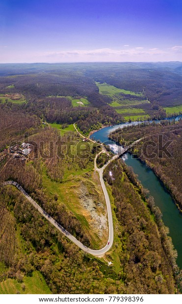 road curve\
bridge nature landscape drone\
river