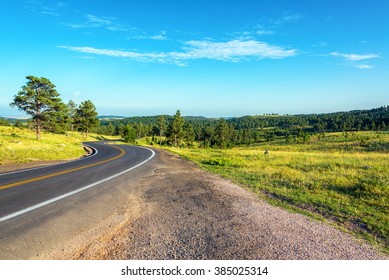 Road Curving Though The Black Hills National Forest In South Dakota