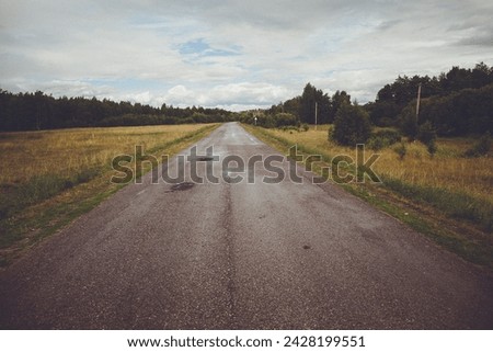 A road cuts through a natural landscape with trees lining the sides. The asphalt thoroughfare is surrounded by lush grass and wood, under a sky filled with fluffy clouds