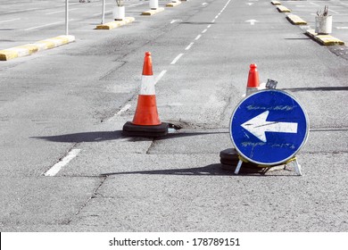 Road Detour Sign And Cones Due A Pothole