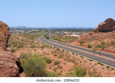 Road To Downtown Of Phoenix As Seen From Papago Park Mountains, Arizona