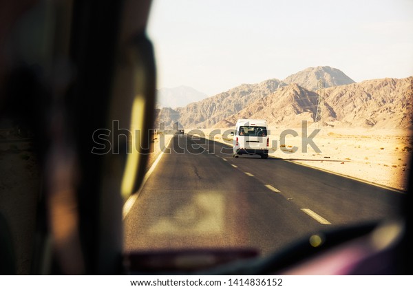 The road in Egypt. The view from the car\
overlooking the mountains.