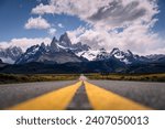 Road to el chalten, beautiful fitz roy, cerro torre, dramatic sky sunlight,  and cloud (Argentina, Patagonia), Leading line