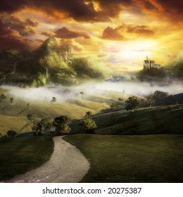 A Road To A Fantasy Landscape With A Castle On A Hill