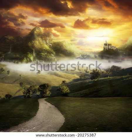 A road to a fantasy landscape with a castle on a hill