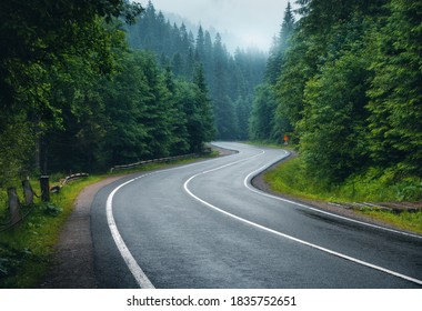 Road in foggy forest in rainy day in spring. Beautiful mountain curved roadway, trees with green foliage in fog and overcast sky. Landscape with empty asphalt road through woodland in summer. Travel - Powered by Shutterstock