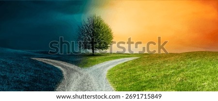 Road fork on a path through a hilly landscape
