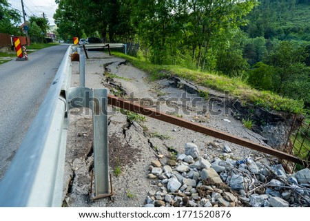 Image, Stock Photo Detached yellow road marking foil on gray asphalt in sunshine at a construction site in the city center of Wuppertal in the Bergisches Land region of Germany