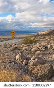 Road Hazard Sign Warning Of Dip In Road. Death Valley National Park