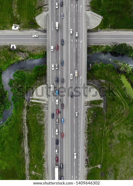 Road highway, drone aerial top view to car\
countryside traffic