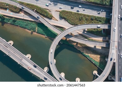 Road Junction And Bridge In City Top View, Aerial View.