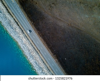 Road And Lake - Aerial And Top Down View. Patterns And Lines