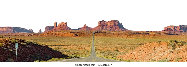 Road And Landscape At Momument Valley (Arizona - Utah, USA) Isolated On White Background