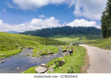 A road leading to Himalayan Mountains through Gulmarg, Jammu and Kashmir, India. - Shutterstock ID 2178255415