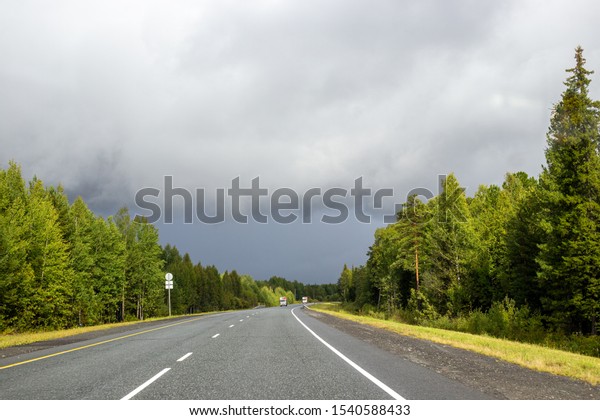 road leading into the distance through the forest,\
rain clouds in the sky