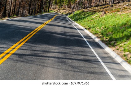 Road Leading Into The Mountains , Driving On Highway Mountain Road With A Forest After Forest Fire In Lake Tahoe , California , Burnt And Dead Trees And Snow Capped Mountains