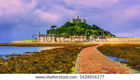 Road leading to St Michael's Mount by low tide, Cornwall, England, UK