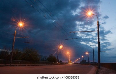 The Road Lighting In A Small Town At Dawn