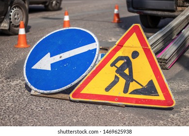 Road Mandatory Signs. Roadworks. Traffic Cones. Blocked Road Concept.