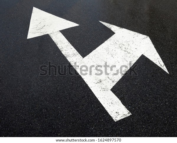 Road marking lines. Go straight and turn arrows\
on the asphalt surface.