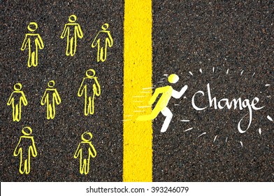 Road marking yellow paint dividing line between rest of people and male symbol crossing the line running towards Change, concept image