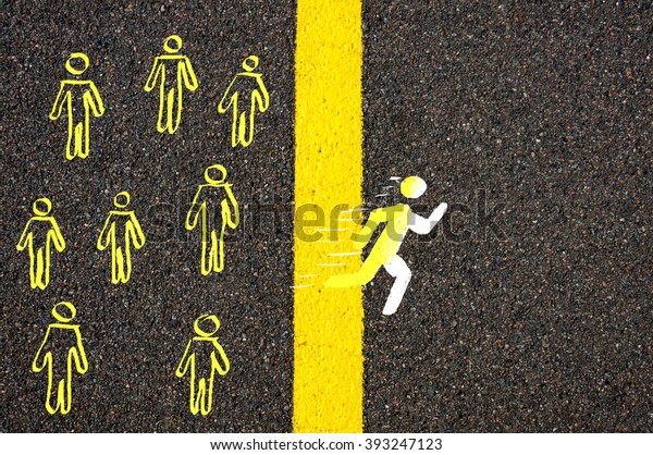 Road marking yellow paint dividing line between\
rest of people and male symbol crossing the line running, Find Your\
Own Way concept image
