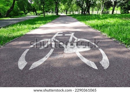 Road markings marking road for cyclists. Walkway in park on sunny day. Image of bike on pavement. Traffic Laws. Concept of cycling with family and friends. Highway code. 