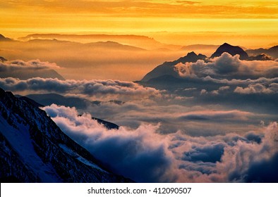 Road To Mont Blanc. Chamonix Valley In The Clouds. France