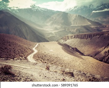 Road To The Mountain In Desert Rural Area, Annapurna, Nepal. Retro Vintage Style