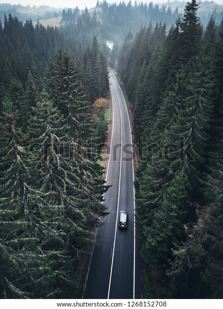 Road In Mountain\
Forest. Car Riding On Highway Between Trees In Nature. Traveling On\
Vehicle Through Woodland 
