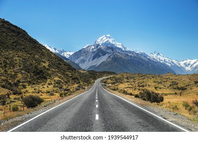 Road to Mountain in New Zealand Landscape. Travel and Adventure Landscape background. Beautiful scenic view of Mountains and road in South Island NZ. Mount Cook. Aoraki Mt Cook - Powered by Shutterstock