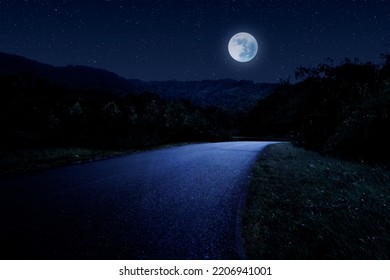Road at night landscape with full moon and stars