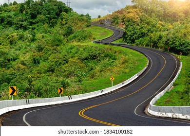Road no.3 or sky road over top of mountains with green jungle in Nan province, Thailand.