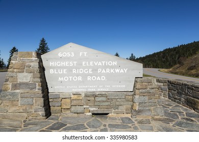 Road Passes Highest Elevation Sign Post On Blue Ridge Parkway Road, Asheville, NC, USA