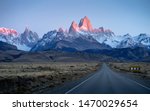 Road to Patagonia ( Mt. Fitz roy and Cerro Torre) in El Chalten, Agentina with beautiful peaks and mountain range during sunrise in the background.