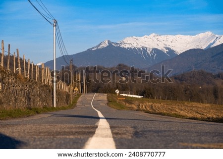 A road path with continuous lane making line and scenery of French viticulture and leafless trees with mountain alps cover with snow during winter in background, sunny bright blue sky
