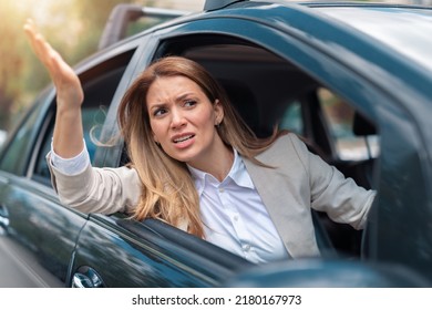 Road Rage Traffic Jam Concept. Businesswoman Is Driving Her Car Very Aggressive