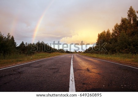 road rainbow trees sky summer