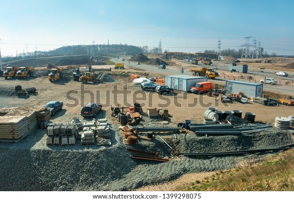 road repair, expansion and improvement of
the road network, construction of a road junction, Guryev district,
Kaliningrad region, Russia, March 30,
2019