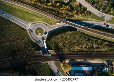 Road And Rondo In City, Trafic From Drone Shot