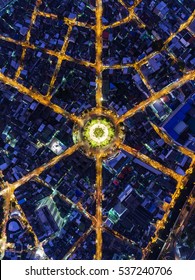 Road Roundabout With Car Lots In The City In Thailand.Sixth Street Intersection Is Beautiful.cityscape.Light The Night.Aerial View.