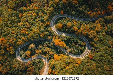 Road Seen From Above. Aerial View Of An Extreme Winding Curved Road In The Middle Of The Forest