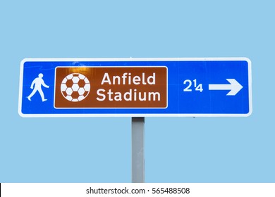 Road Sign To Anfield Stadium - Football  In Liverpool UK