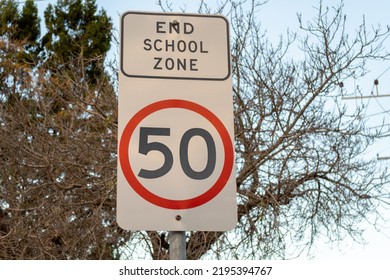 Road Sign End School Zone 50 Speed Plate Black On White On The Road Australia