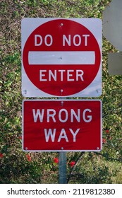 Road Sign At A Freeway Exit DO NOT ENTER — WRONG WAY