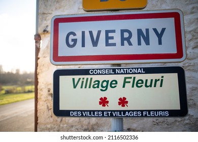 Road Sign Of The French Village Of Giverny Where The Impressionist Painter Claude Monet Lived