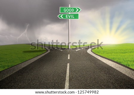 Road sign of good vs evil on stormy background